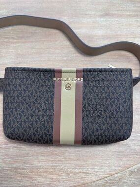 Michael Kors Brown MK Monogram Belt Bag with Cream & Mauve Stripe